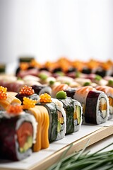 Sushis, Maki, Nigiri, California rolls, plateau en assortiment, illustration culinaire ia générative
