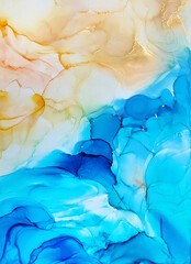 Abstract alcohol ink art hand drawing background in blue and yellow