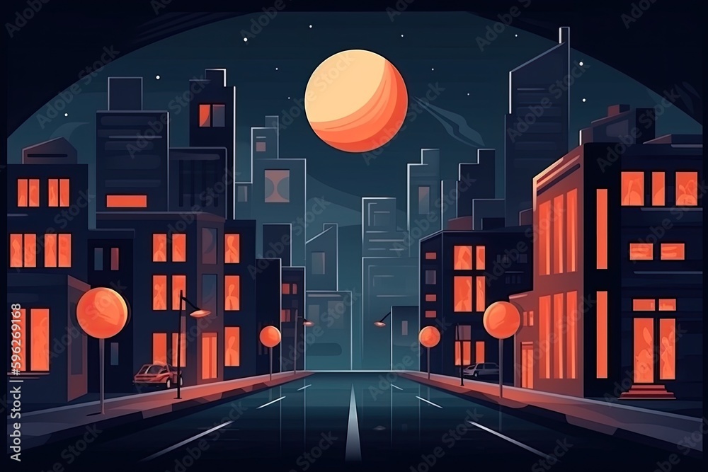 Wall mural city street at night with a full moon shining in the sky. generative ai