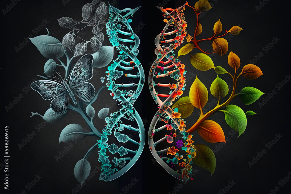 Poster dna helix with leaves on a black background. generated by ai