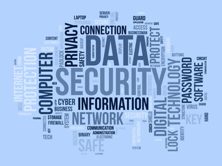 Word cloud background concept for Data security. Network technology safety access for web privacy protection. Vector illustration.