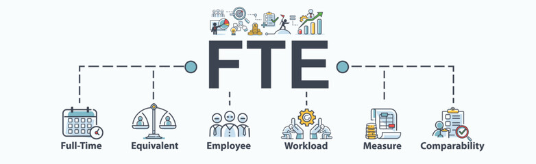 FTE banner web icon for human resource Management and organize. full time equivalent, employee, workload, measure, management and comparability. Minimal vector infographic.