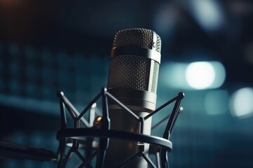microphone in close-up view with a blurred background. Generative AI