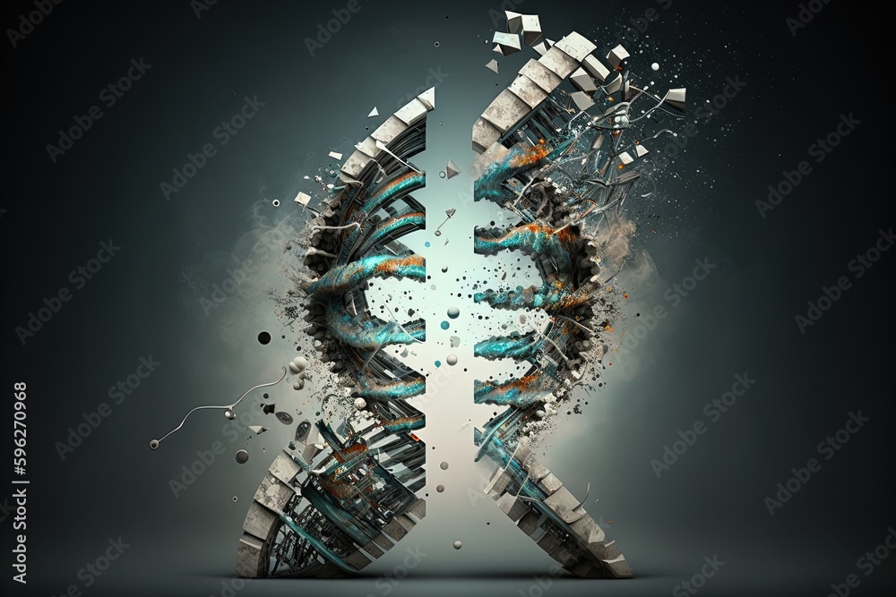 Poster broken dna helix on a black background. generated by ai