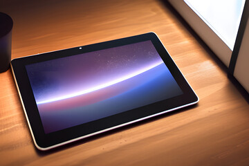 digital tablet on wood table. tablet pc on the table. tablet on a desk. tablet. tablet concept. tablet on desk.