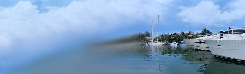 Fototapeta na wymiar Wide panoramic illustration with boats in the harbor. Blue sky, white clouds, sea water. Idea for travel service, cruise, tourism. Horizontal template with space for text. Summer view. Vacation.