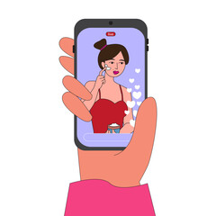 Video creator broadcasting on smart phone in flat style. Vector illustration of cartoon character beauty blogger  live streaming the vlog.