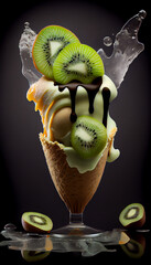 Illustration of kiwi ice cream with kiwi slices in a waffle cone. A popular summer cold treat. Generated by artificial intelligence