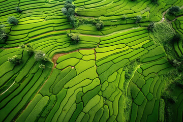 Aerial view of green fields of traditional agriculture