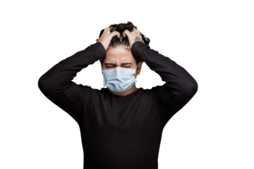 PNG of A Disbalance Lifestyle, Frustrations. stock image of a young man in a rehab suffering severe headache cause of drugs and alcohol consumption. Isolated on Transparent Background.