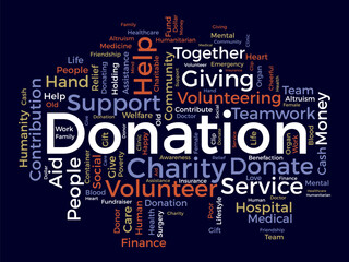 Word cloud background concept for DONATION. charity support, finance contribution help of community fundraising. vector illustration.