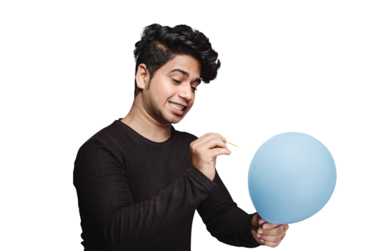 PNG of Man poking balloon Isoated transparent background. Holding needle over air balloon, a moment before bubble burst isolated on a transparent PNG background.