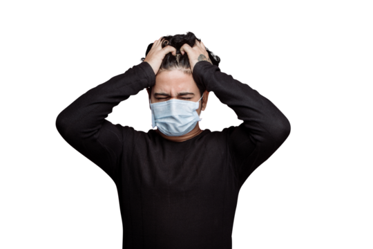 PNG of A Disbalance Lifestyle, Frustrations. stock image of a young man in a rehab suffering severe headache cause of drugs and alcohol consumption. Isolated on Transparent Background.