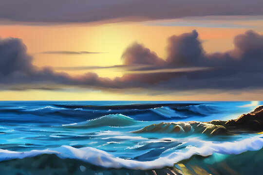 sunset over the sea. sunset on the beach. seascape oil painting. seascape. oil painting.