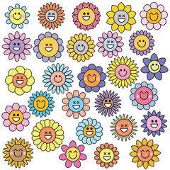 Groovy flower cartoon characters. Happy stickers set from 60s, 70s. Funny happy daisy with eyes and smile, cute comic characters. Vector illustration.