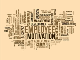 Word cloud background concept for Employee motivation. Business management, corporate achievement, motivation of employee satisfaction. vector illustration.