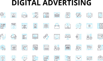 Digital advertising linear icons set. Targeting, Strategy, Optimization, Metrics, Engagement, Conversion, Branding vector symbols and line concept signs. Visibility,Display,Programmatic illustration