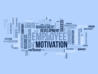 Word cloud background concept for Employee motivation. Business management, corporate achievement, motivation of employee satisfaction. vector illustration.