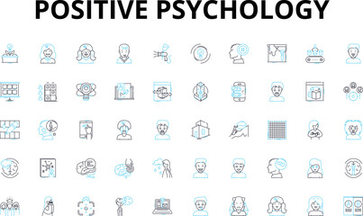 Positive psychology linear icons set. Gratitude, Resilience, Optimism, Empathy, Mindfulness, Serenity, Joy vector symbols and line concept signs. Kindness,Well-being,Hope illustration