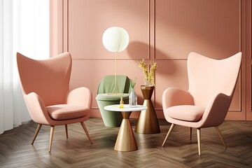 cozy living room with pink walls and chairs. Generative AI