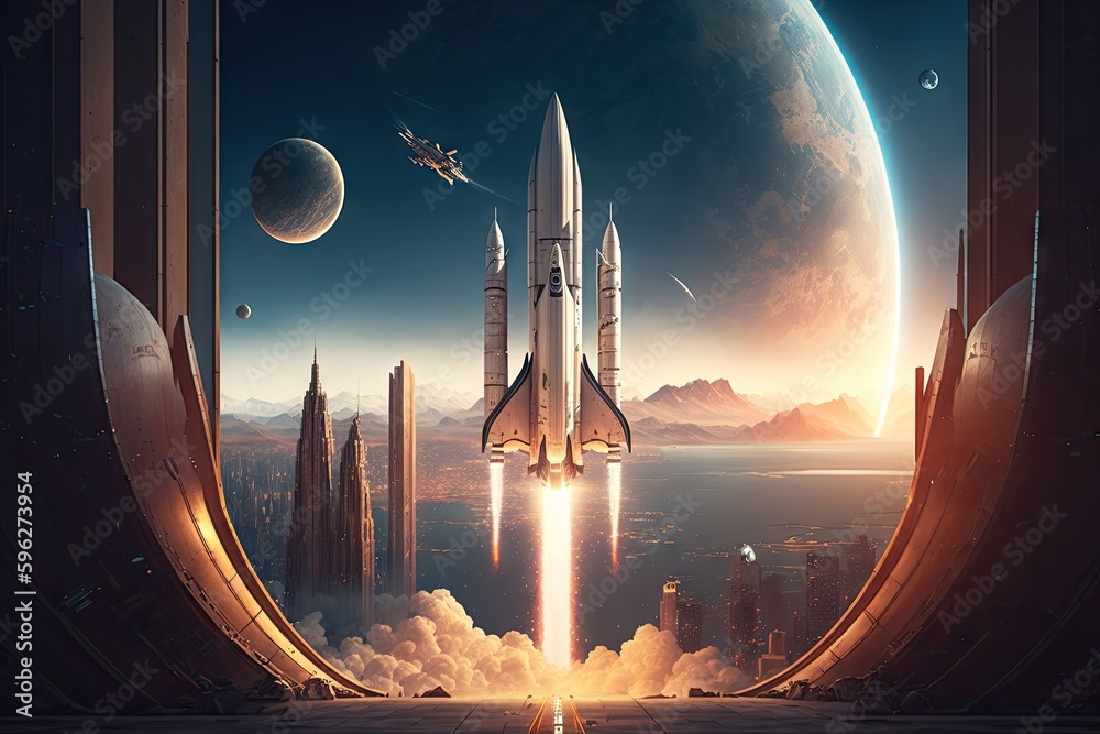 Sticker rocket launch, with view of planet and futuristic city in the background, created with generative ai