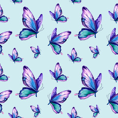 Fototapeta na wymiar A pattern of morpho butterflies. Watercolor illustration on an isolated background. Multicolored wings, purple, pink. Animals, wildlife.