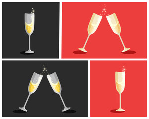 Silver and gold glasses of champagne on black and red backgrouds. Hand drawn vector flat illustration. Bright, sparkling, festive, colorful design. Best for greetingcards, posters, prints and web.