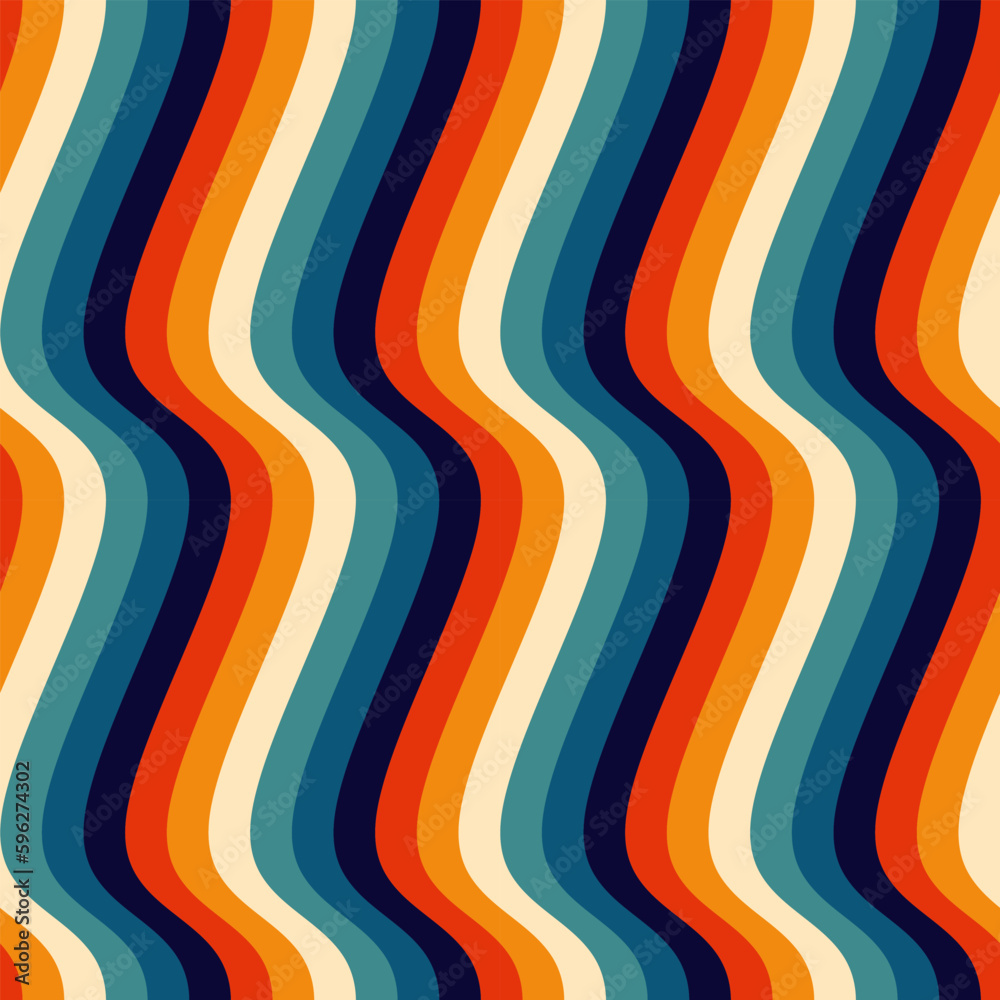 Wall mural abstract background of psychedelic groovy wavy line design in 1970s hippie retro style. vector seaml