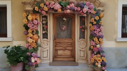 Illustration of a door decorated with colorful flowers for Mother's Day