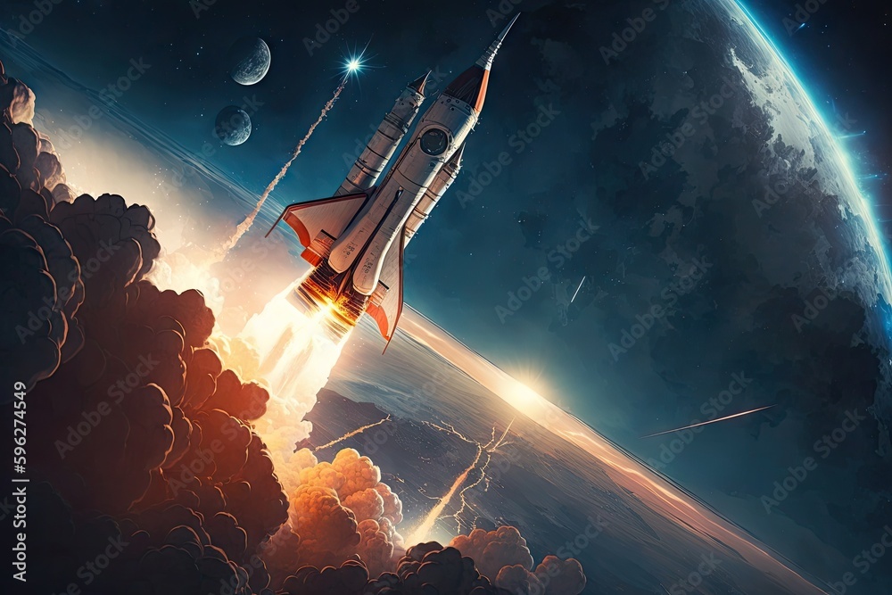Wall mural rocket start, with view of space station in the background, created with generative ai