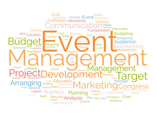 Word cloud background concept for event management. Marketing planning, business meeting communication development, target of commercial goal success. vector illustration.