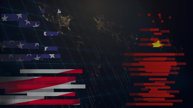 Flags of the USA and China are scattered against the background of the world map. The concept of a multipolar world. Geopolitics and Economics. Cg