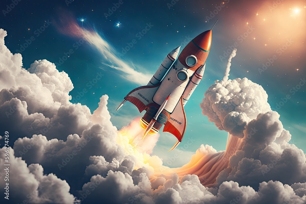 Sticker rocket taking off into the sky with clouds and stars in the background, created with generative ai