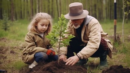 Illustration of a man and a little girl planting a tree to celebrate Arbor Day created with Generative AI technology