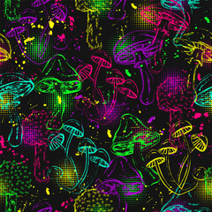 Pattern with fantasy magic mushrooms in grunge style. Bright unusual fungus in neon fluorescent colors. Good for fairytale, groovy, hippie, mystical, surreal design