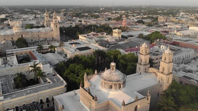 Sunrise Drone Shot in Mexico. Aerial view of the Cathedral of Merida at the Grand Plaza in Merida, Yucatan