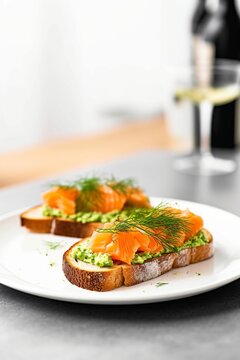 Saumon fumé et aneth sur un toast à l'avocat, tartine gourmande, illustration culinaire ia générative