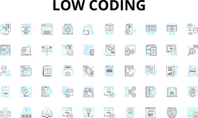 Fototapeta na wymiar Low coding linear icons set. Simplify, Efficiency, Intuitive, Agile, Rapid, Streamline, Productivity vector symbols and line concept signs. Automate,Scalable,Flexibility illustration