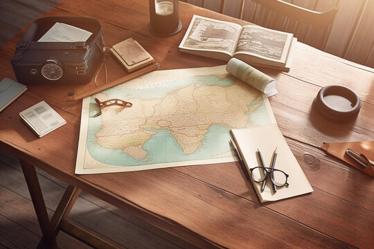 Journey's Map: Travel Treasures on Wooden Table