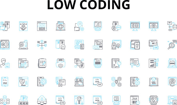 Low coding linear icons set. Simplify, Efficiency, Intuitive, Agile, Rapid, Streamline, Productivity vector symbols and line concept signs. Automate,Scalable,Flexibility illustration