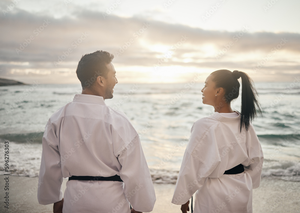 Poster Keep calm and practice your kata. Rearview shot of two young martial artists practicing karate on the beach.