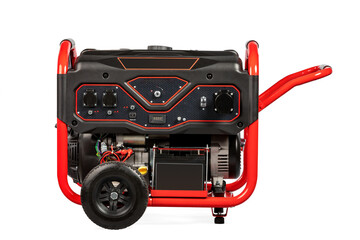 Red and black portable electric gas generator isolated on white for backup energy.