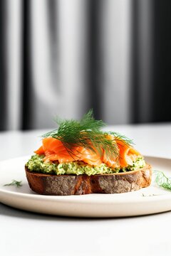 Saumon fum&eacute; et aneth sur un toast &agrave; l'avocat, tartine gourmande, illustration culinaire ia g&eacute;n&eacute;rative