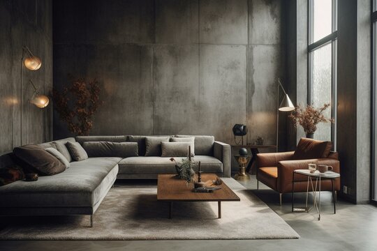Living room's concrete wall adorned with furnishings and sofa. Generative AI
