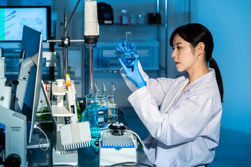 Professional health care researchers working in a medical science laboratory, technology of...