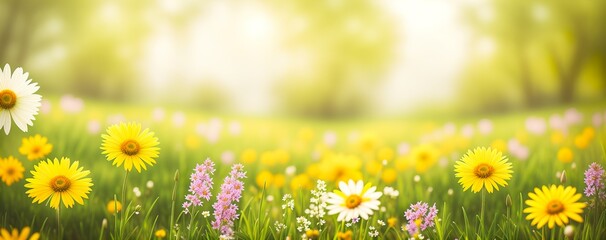 Obraz na płótnie Canvas spring flowers on blurred background postcard banner Generative AI