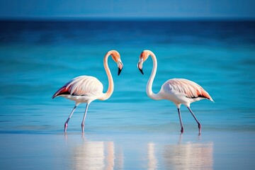 Fototapeta na wymiar two elegant flamingos wading in the turquoise waters of a tropical beach. Generative AI