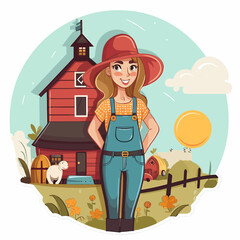 A country girl farmer on his farm.. A healthy lifestyle, agriculture, farm concept. Cartoon vector illustration. label, sticker, t-shirt printing