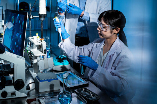 Professional health care researchers working in a medical science laboratory, technology of medicinal chemistry lab 