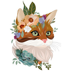 Cat among flowers and plants. Cat head, muzzle, pet totem. Vector graphics